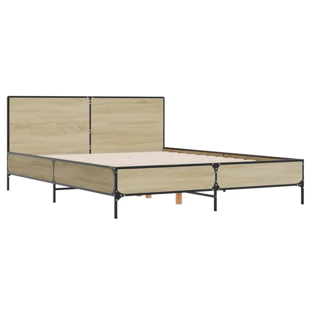 Engineered Wood Bed Frame Brown Sonoma Oak 150x200 cm with Headboard and Metal Legs