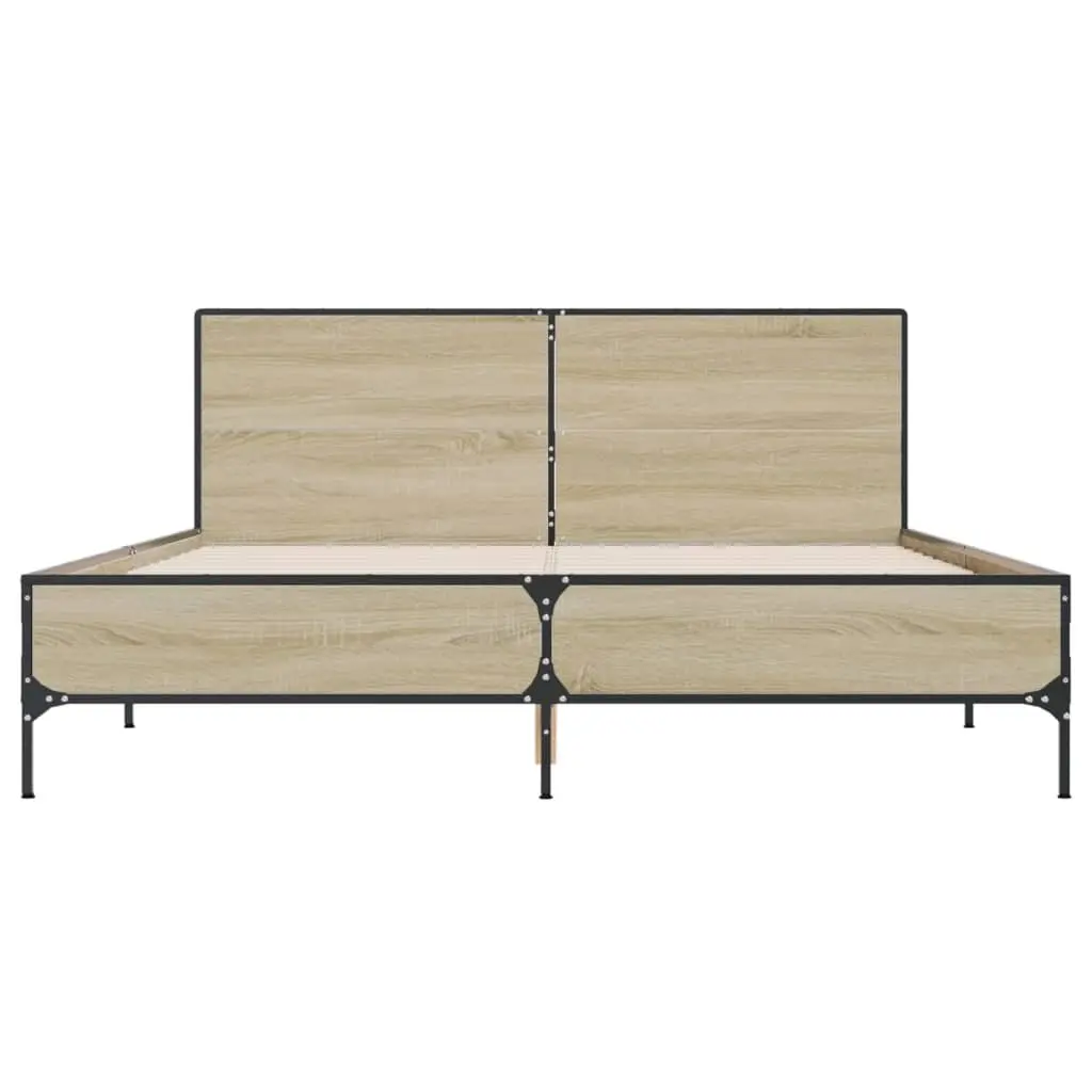 Engineered Wood Bed Frame Brown Sonoma Oak 150x200 cm with Headboard and Metal Legs