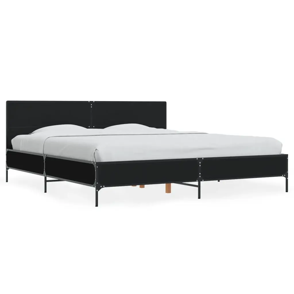 King Bed Frame Black 183x203 cm Slatted Base Metal Legs Engineered Wood Bedroom