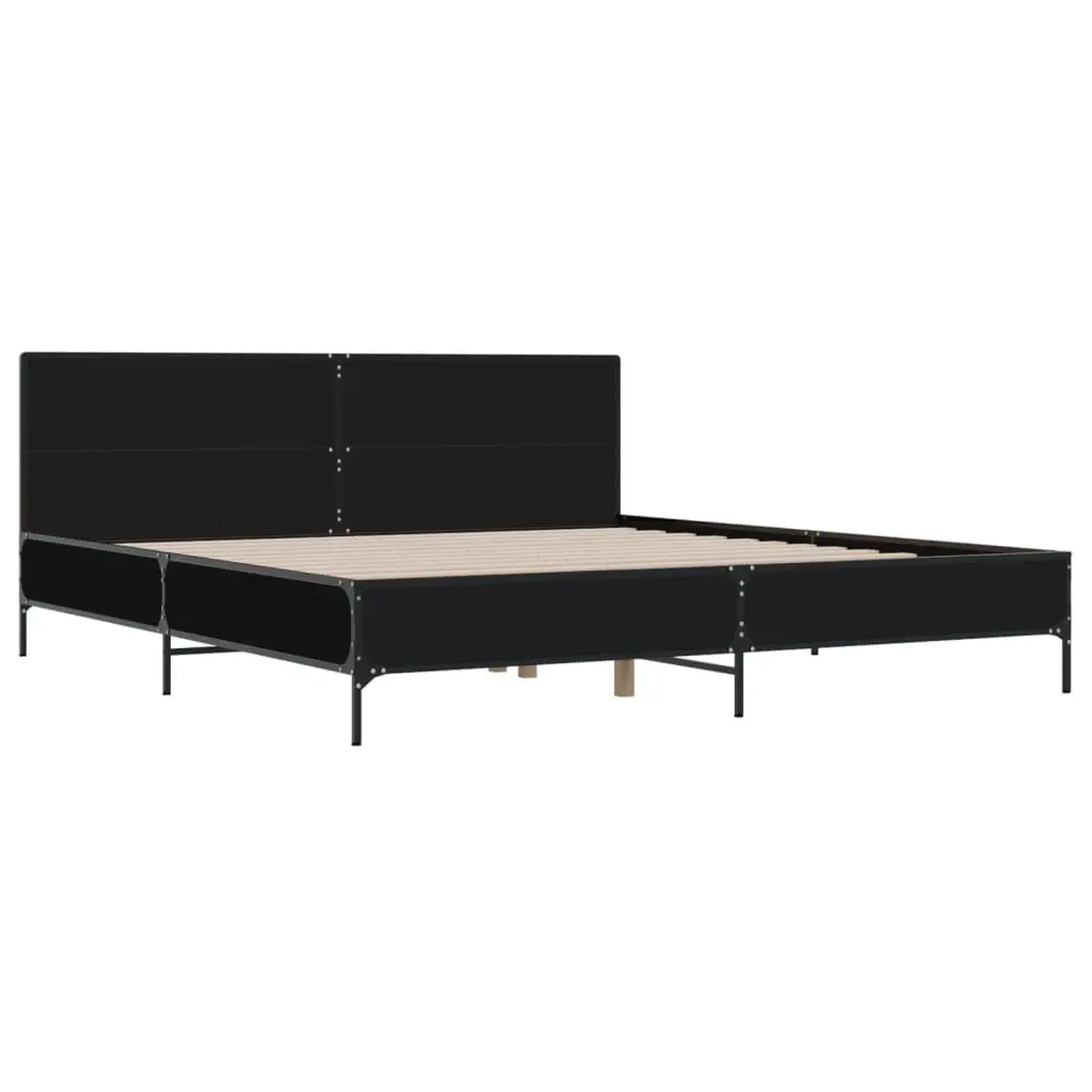 King Bed Frame Black 183x203 cm Slatted Base Metal Legs Engineered Wood Bedroom