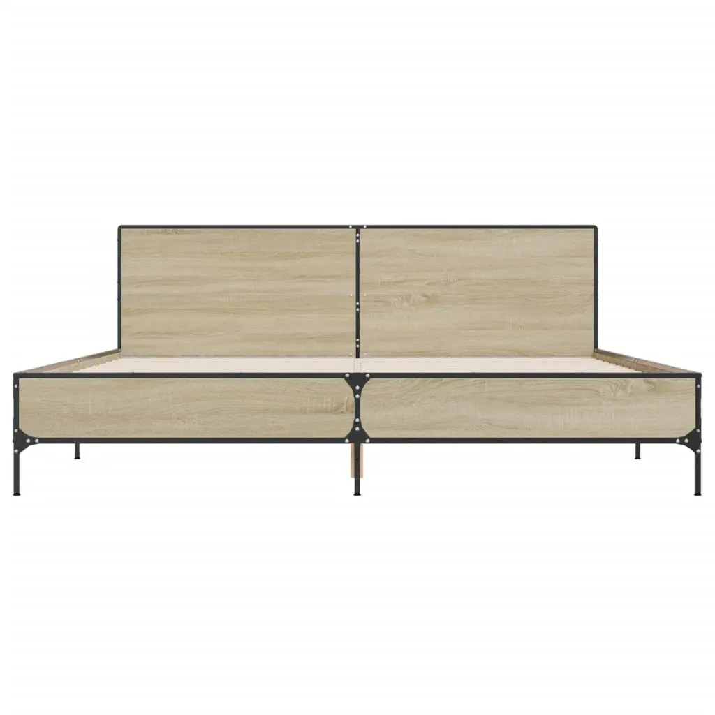 Bed Frame Brown Engineered Wood King Size with Headboard Slatted Base Metal Legs 183x203cm