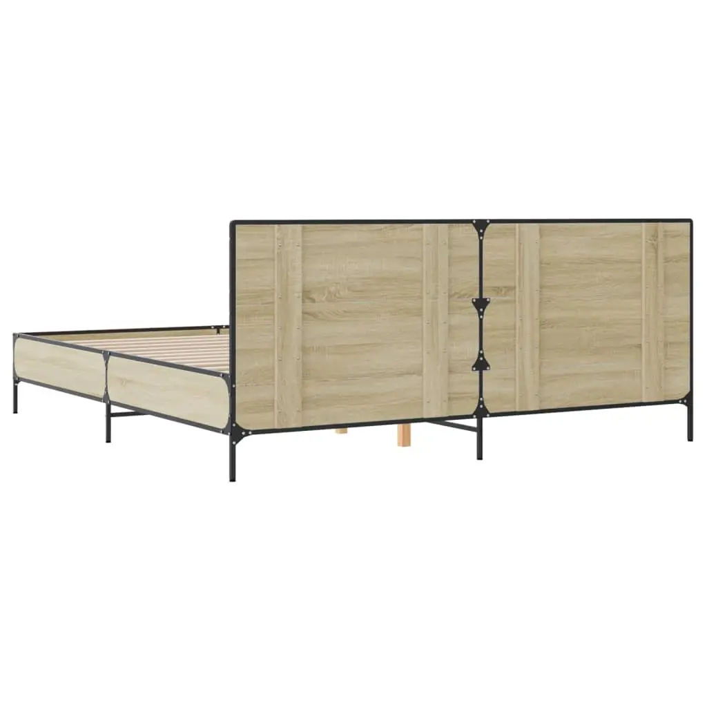 Bed Frame Brown Engineered Wood King Size with Headboard Slatted Base Metal Legs 183x203cm