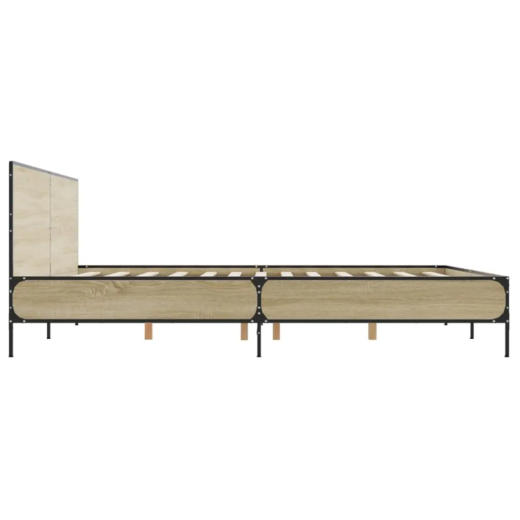 Bed Frame Brown Engineered Wood King Size with Headboard Slatted Base Metal Legs 183x203cm