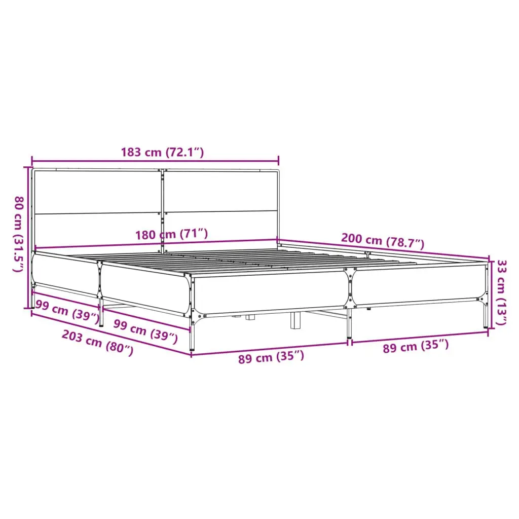 Bed Frame Brown Engineered Wood King Size with Headboard Slatted Base Metal Legs 183x203cm