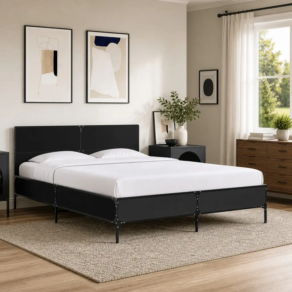 Black Bed Frame 135x190 cm with Headboard