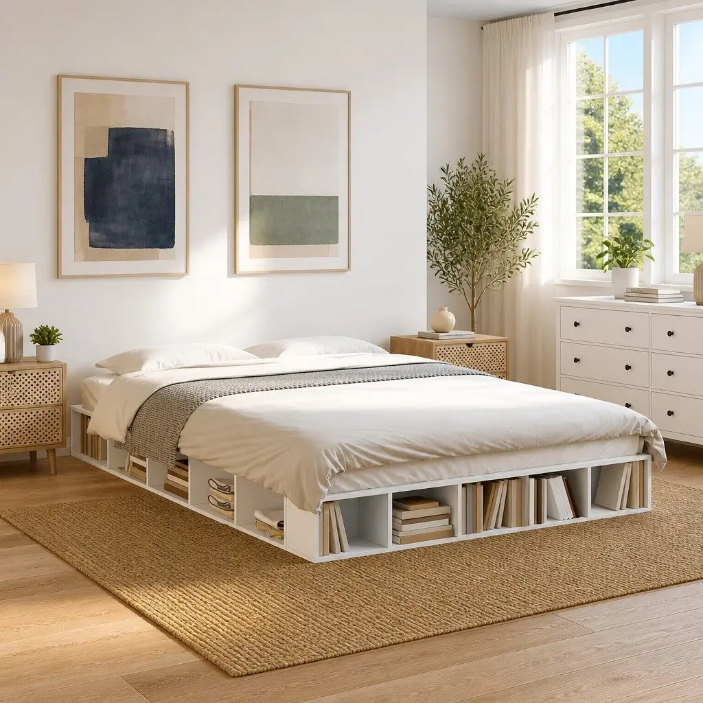 Bed Frame Slatted Base Queen Size 150x200 cm White with Storage Compartments