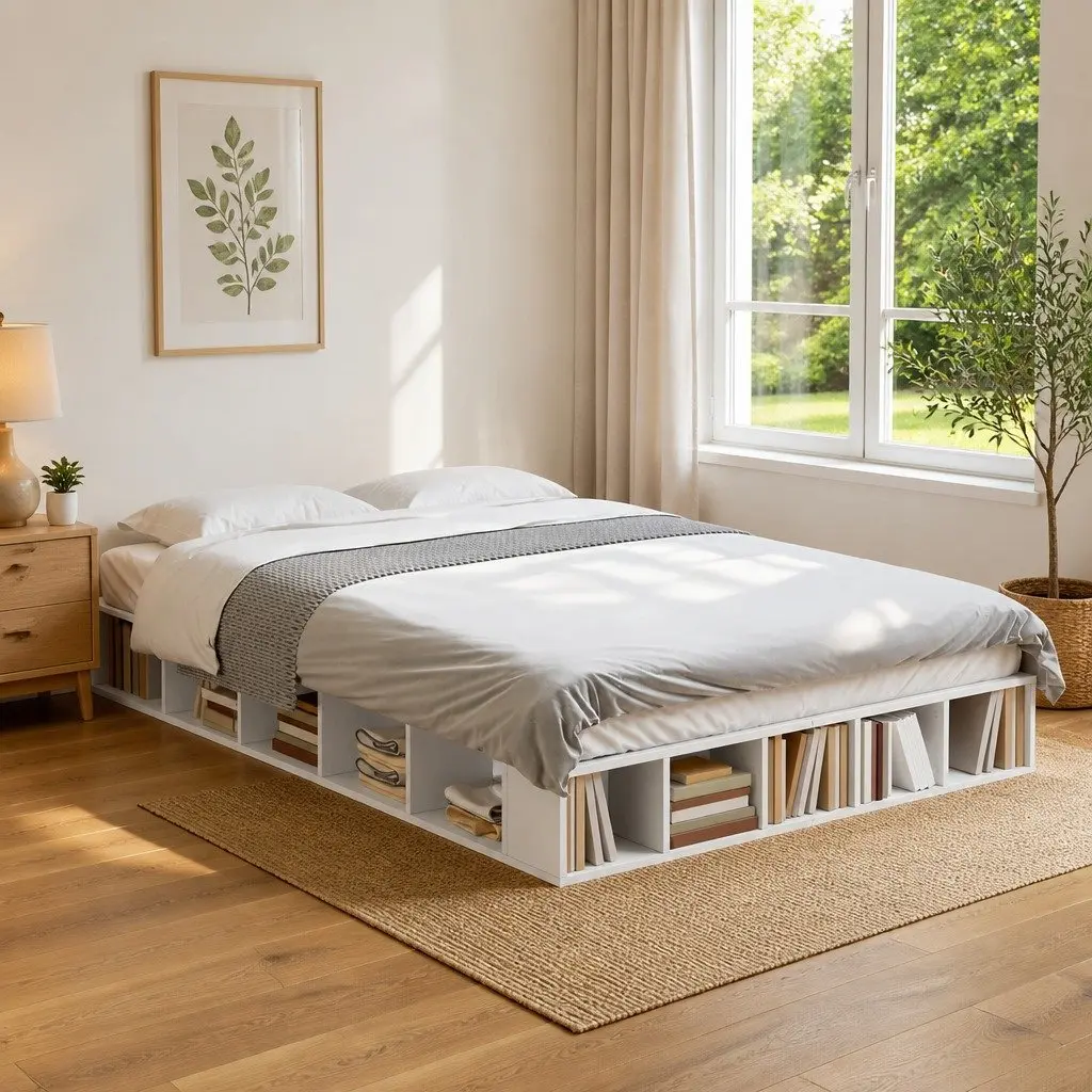 White Bed Frame with Storage Compartments