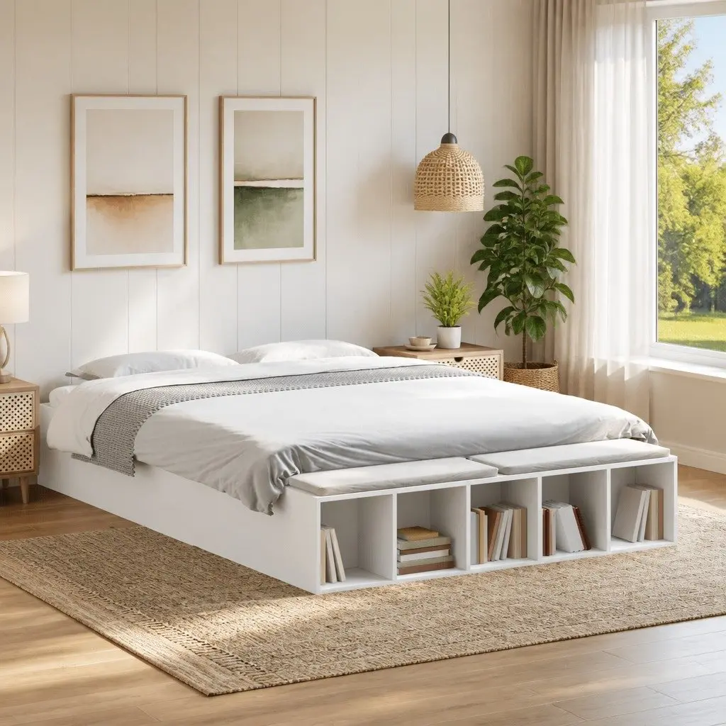 White Bed Frame Storage Compartments 150x200cm Slatted Base Modern