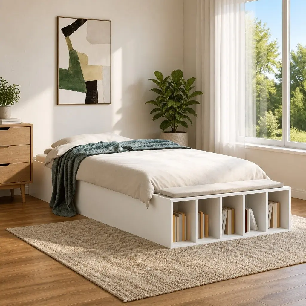 Bed Frame White Modern 90x190 cm with Storage Compartments Slatted Base