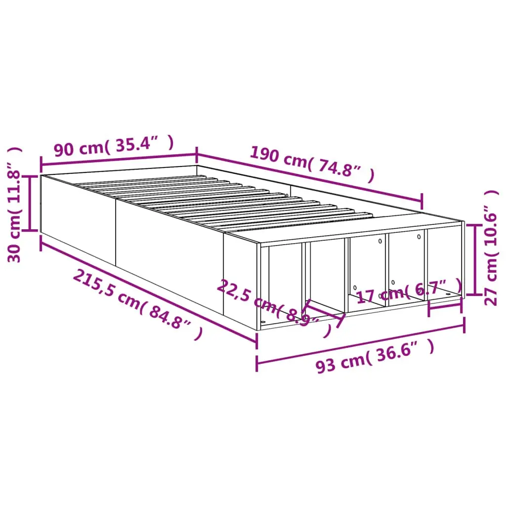 Bed Frame White Modern 90x190 cm with Storage Compartments Slatted Base