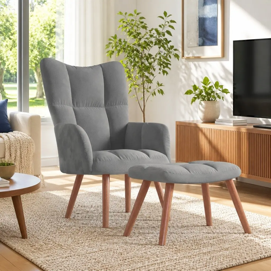 Relaxing Armchair with Footstool Light Grey Velvet Lounge Chair Living Room