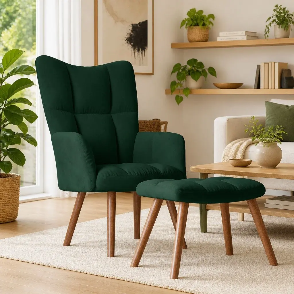 Green Velvet Armchair and Stool Set