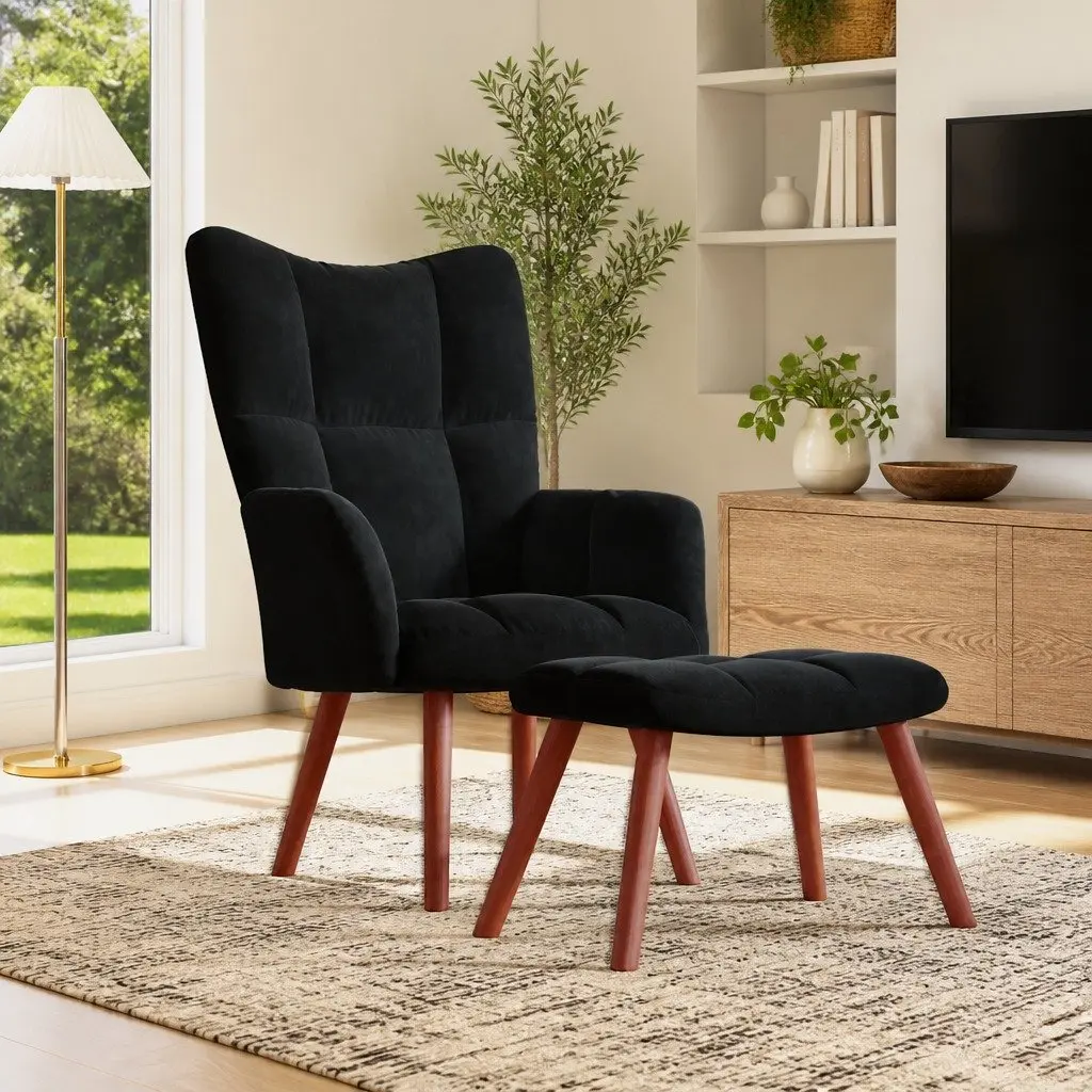 Relaxing Armchair with Footstool Black Velvet Accent Chair Padded Sitting Room