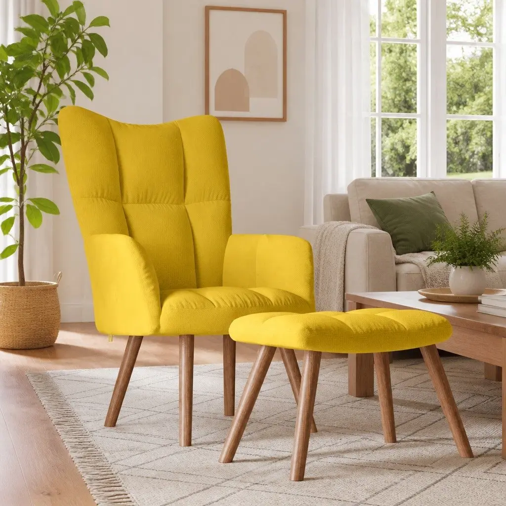 Armchair Set Mustard Yellow Velvet Padded with Footstool