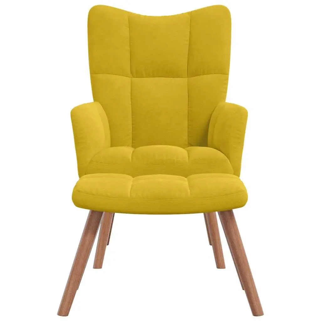 Armchair Set Mustard Yellow Velvet Padded with Footstool