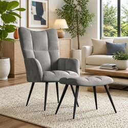 Relaxing Armchair with Stool Velvet Padded Foam Seat Modern Lounge Chair
