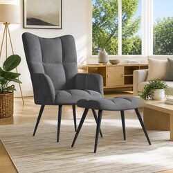 Relaxing Chair with Footstool Grey Velvet Padded Armchair Modern Design