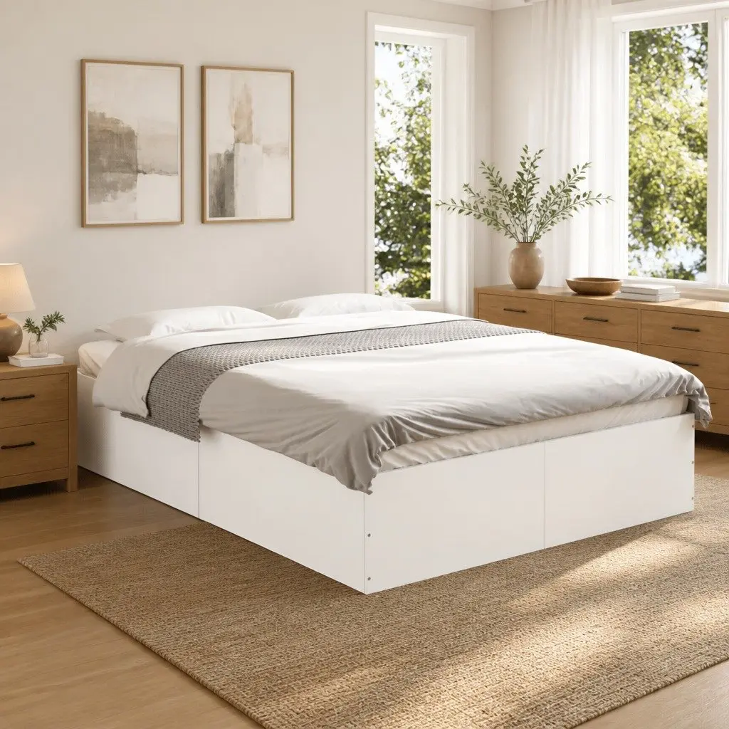 Bed Frame White 135x190 cm Modern Design Engineered Wood Slats Support