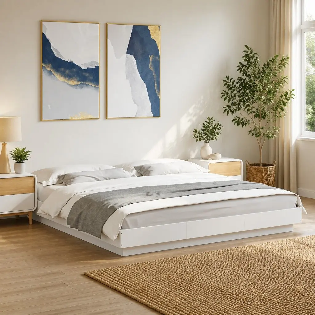 King Size Bed Frame Engineered Wood Slatted Base Modern White 183x203cm