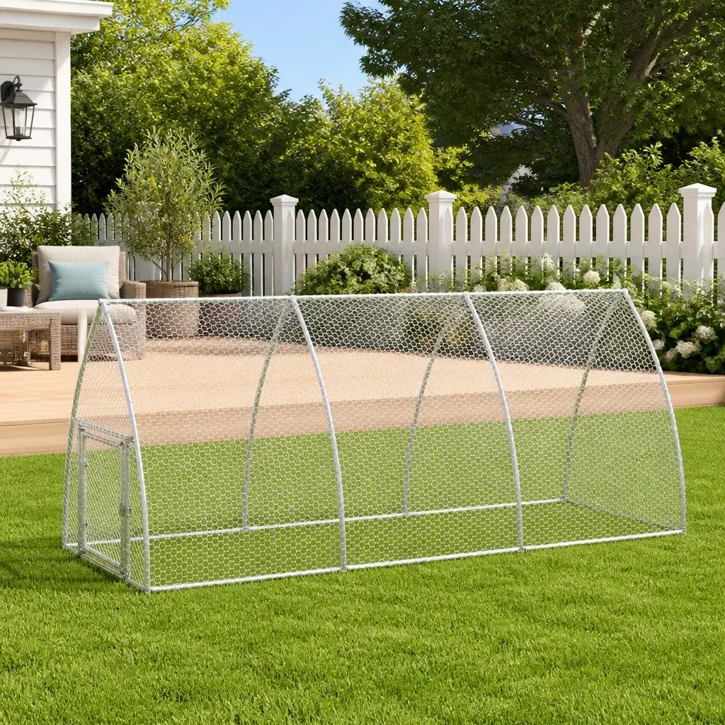Rabbit Hutch Outdoor Enclosure Silver Galvanised Steel Walk-In Large Spacious