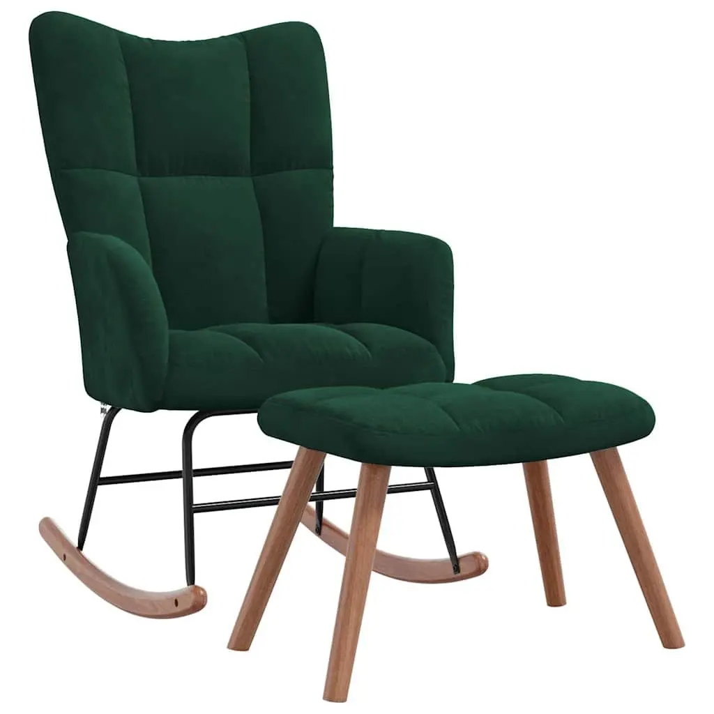 Rocking Chair with Stool Dark Green Velvet Armchair Lounge Relaxing Seat