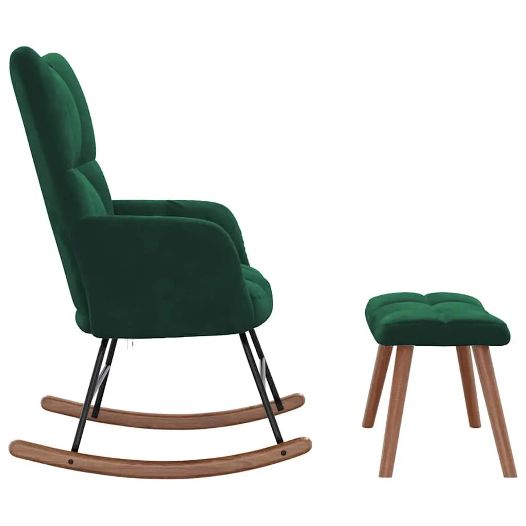 Rocking Chair with Stool Dark Green Velvet Armchair Lounge Relaxing Seat