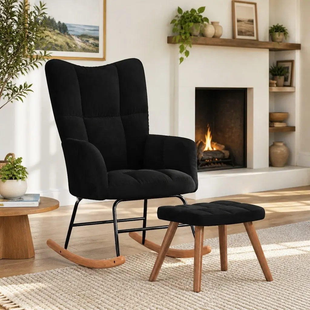 Rocking Chair with Stool Black Velvet Armchair Rocker Lounge Chair Living Room
