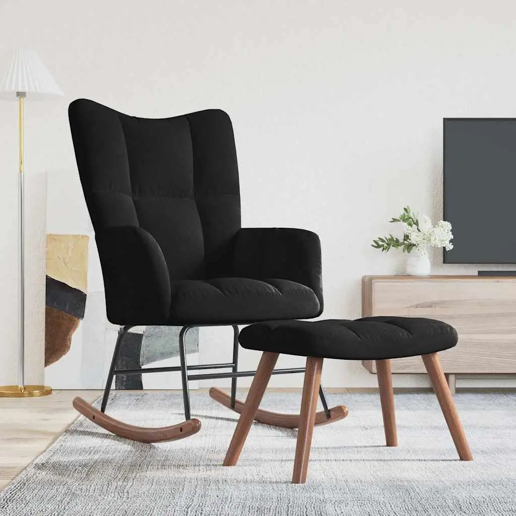 Rocking Chair with Stool Black Velvet Armchair Rocker Lounge Chair Living Room