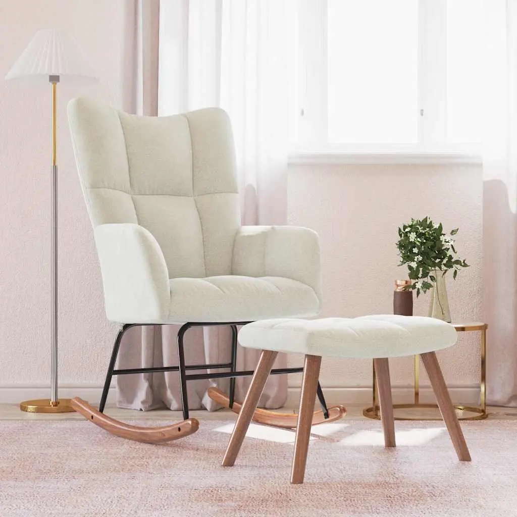 Rocking Chair with Stool Cream White Velvet Thickly Padded Foam