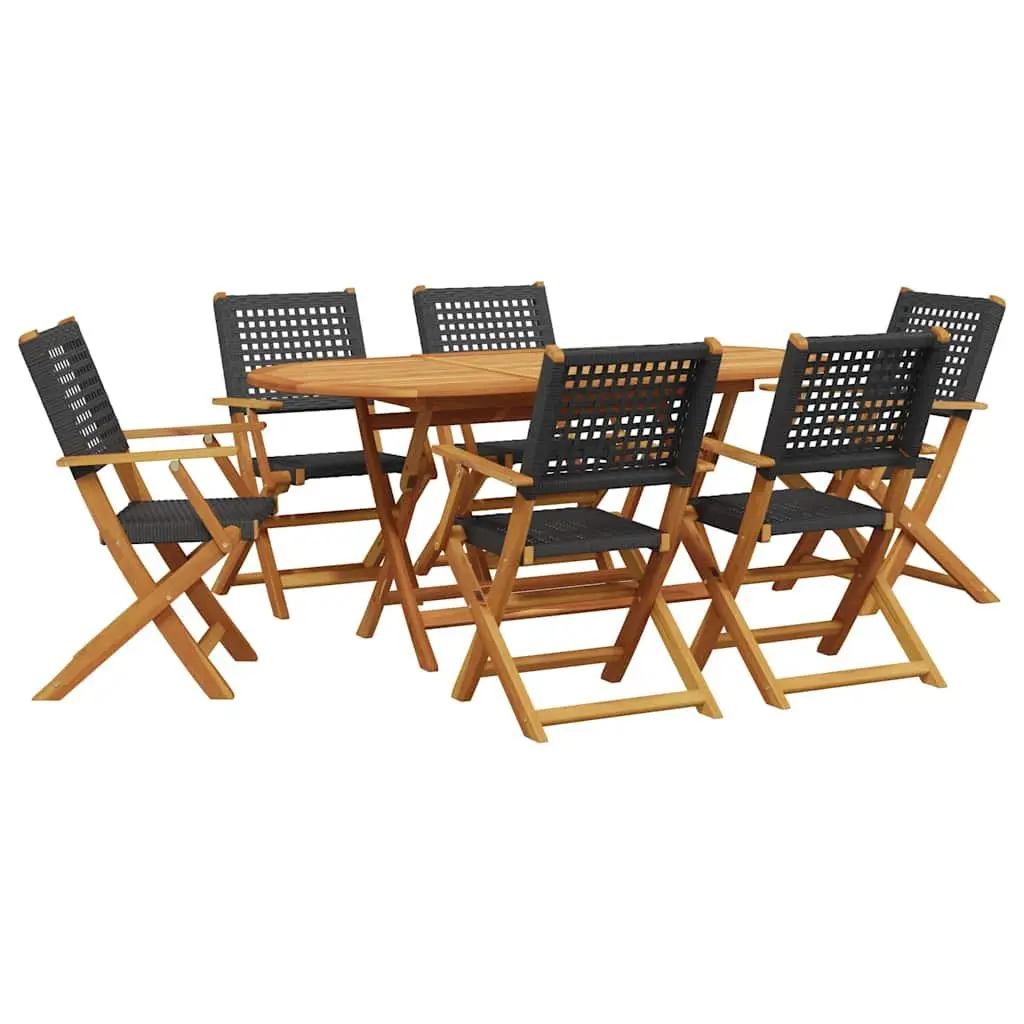 7 Piece Garden Dining Set Black Poly Rattan Solid Wood Outdoor Furniture