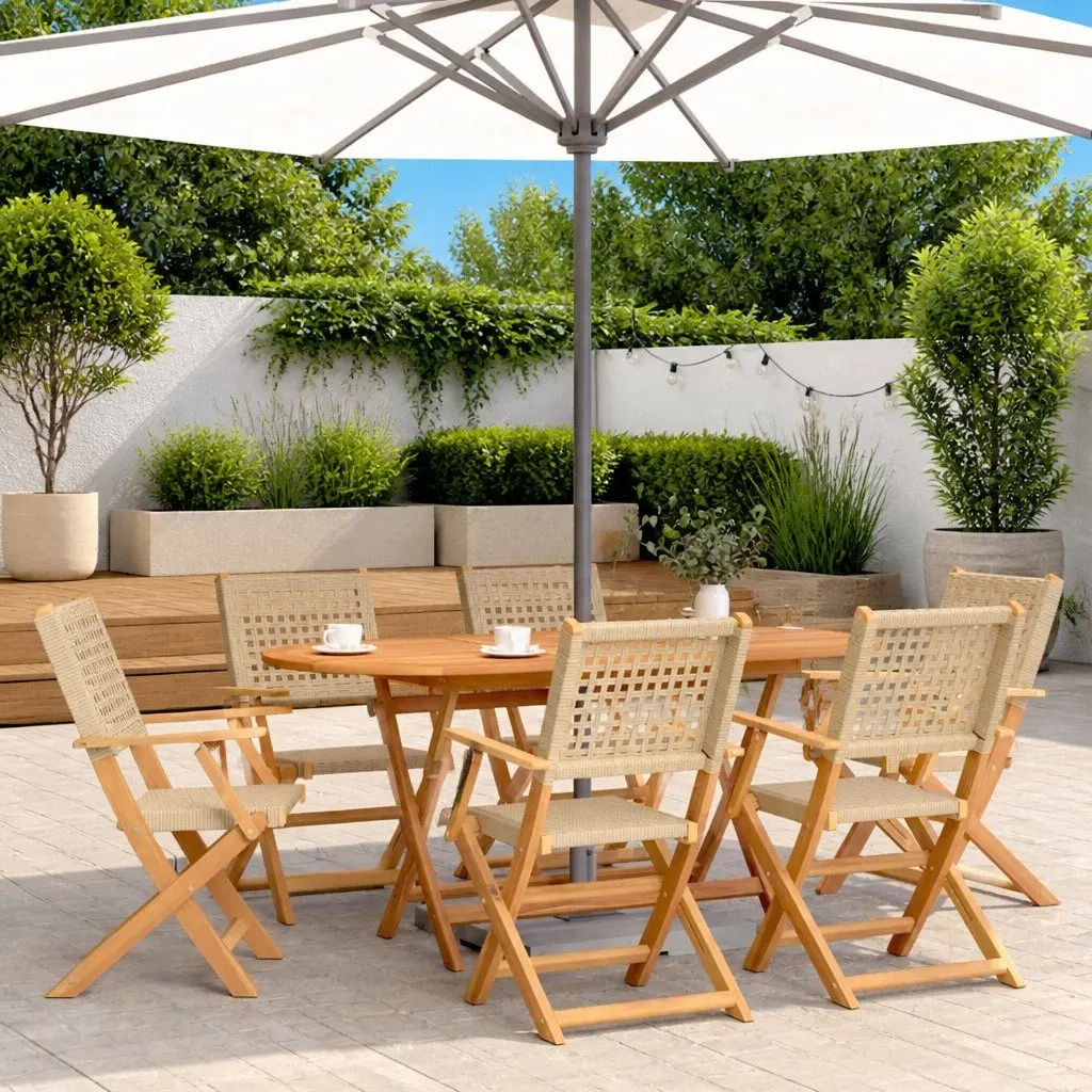 7 Piece Outdoor Garden Dining Set Poly Rattan Acacia Wood Beige