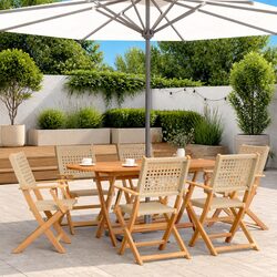 7 Piece Outdoor Garden Dining Set Poly Rattan Acacia Wood Patio Furniture Beige