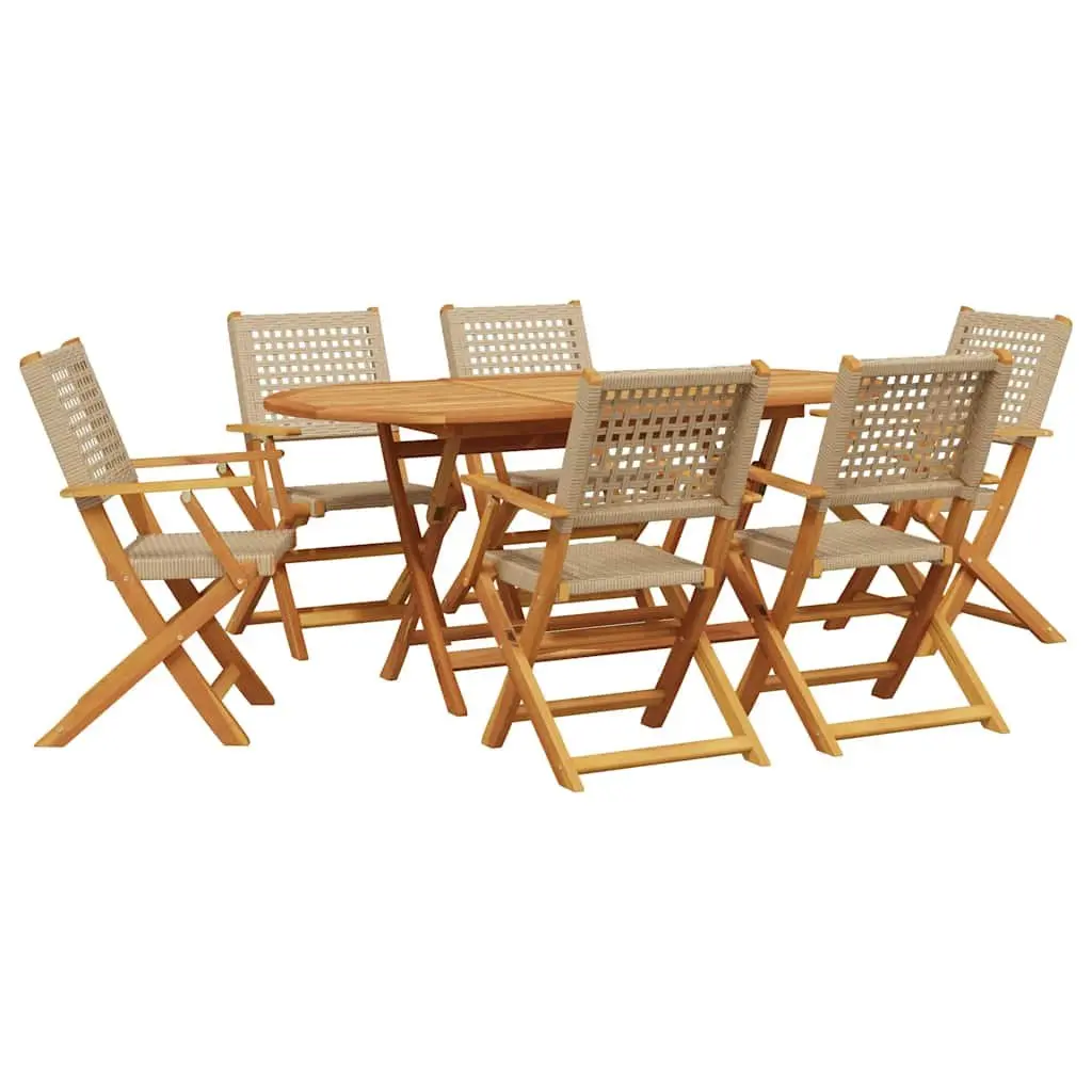 7 Piece Outdoor Garden Dining Set Poly Rattan Acacia Wood Beige