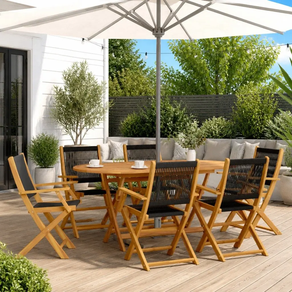7 Piece Black Foldable Garden Dining Set with Acacia Wood Table and Chairs for Outdoor Patio Use