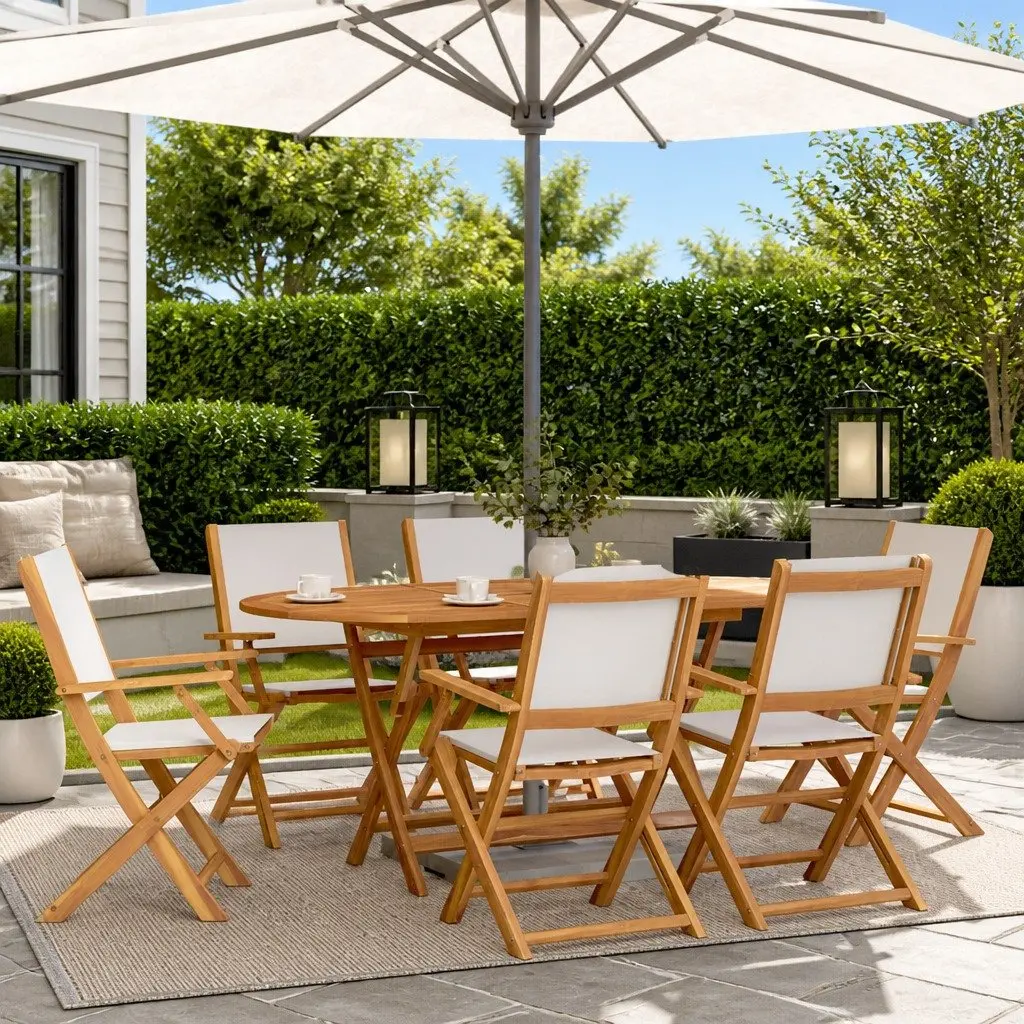 Outdoor Patio Furniture Set 7 Piece Solid Wood White Fabric Garden Dining Set
