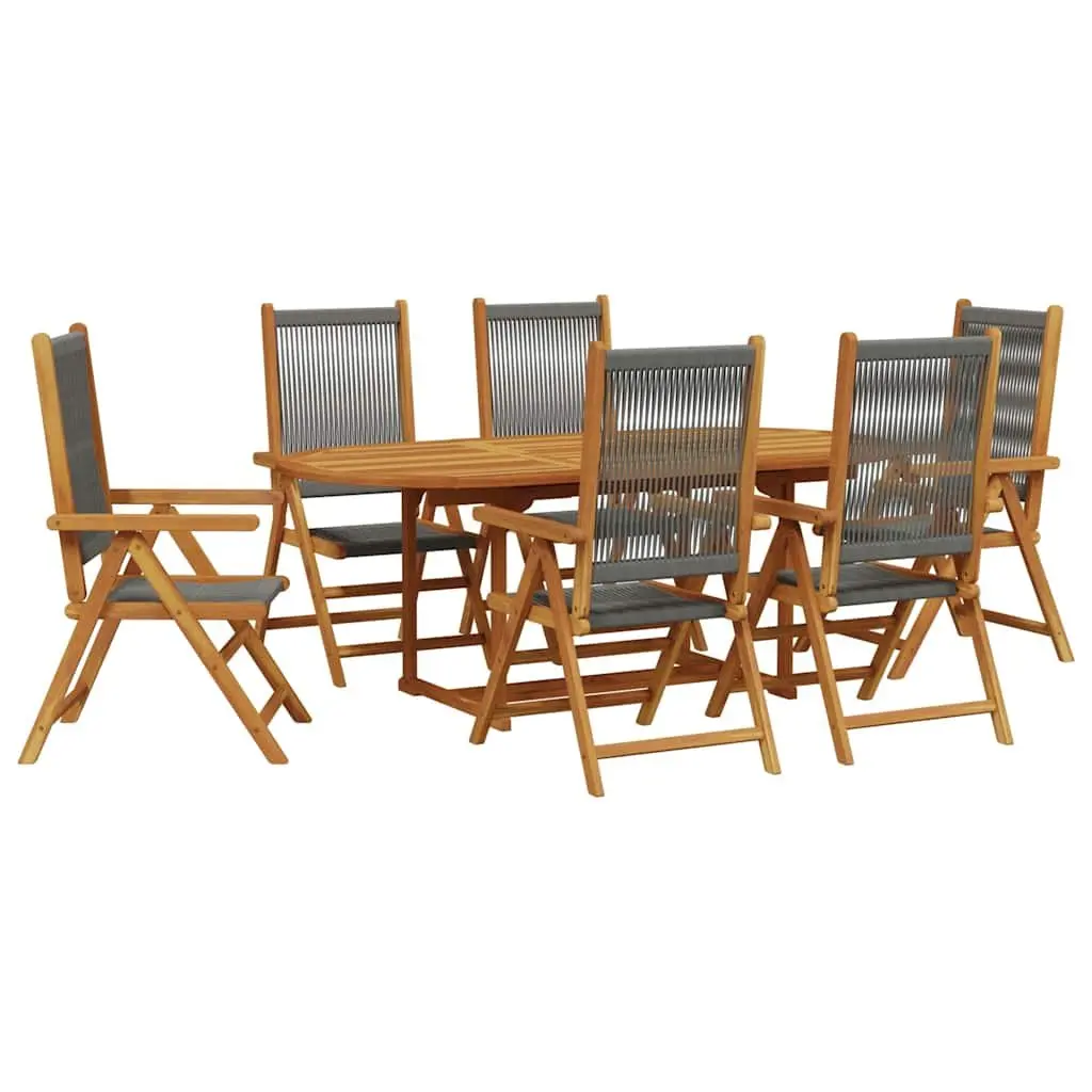 7 Piece Grey PE Rattan and Solid Wood Patio Dining Set with Reclining Chairs and Extendable Table