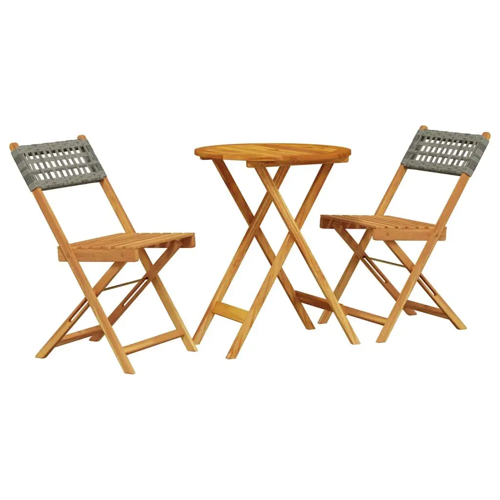 3 Piece Bistro Set Outdoor Garden Furniture Grey Poly Rattan Acacia Wood Table