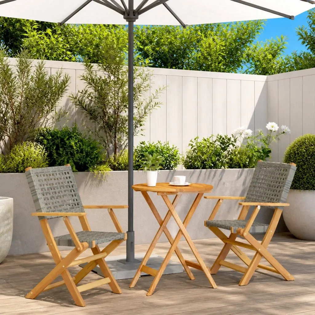 3 Piece Bistro Set Grey Poly Rattan Solid Wood Foldable Outdoor Garden Patio Furniture