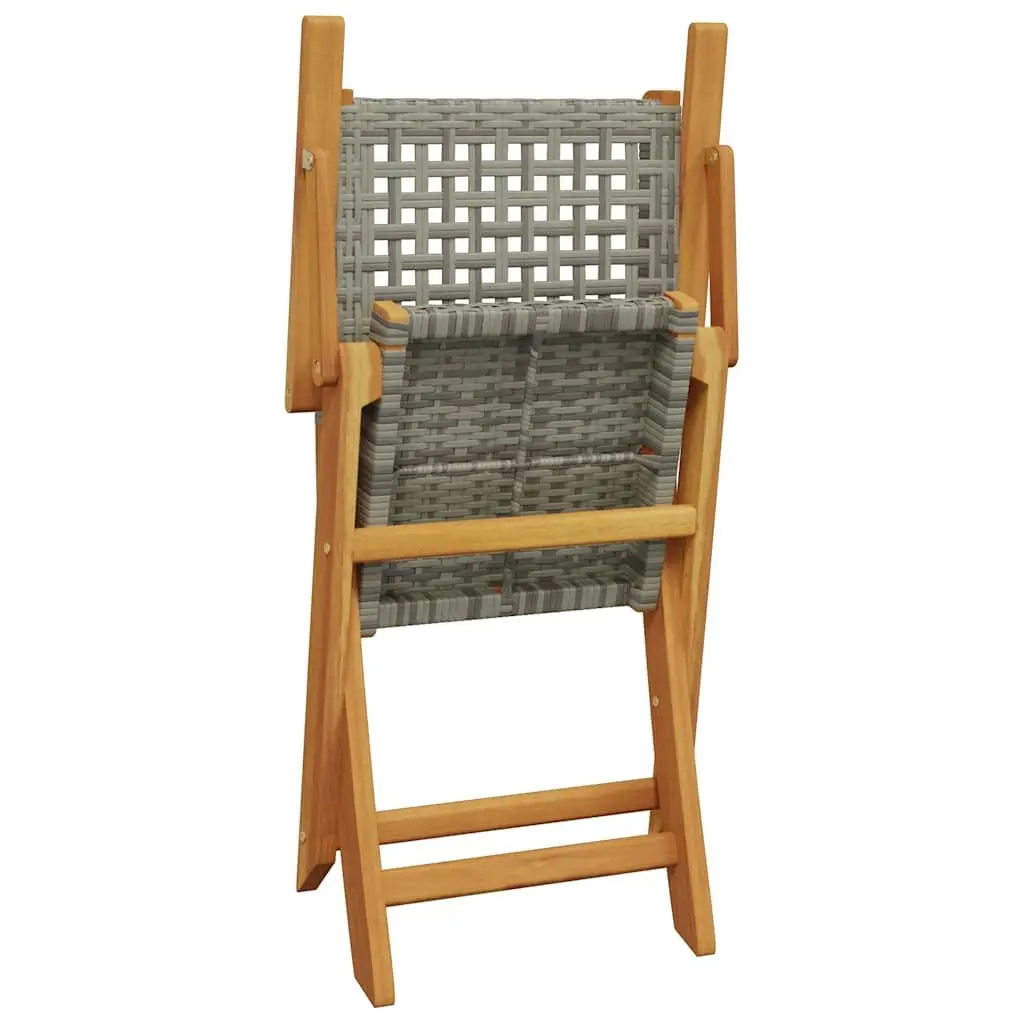 3 Piece Foldable Bistro Set Grey Poly Rattan Wood Outdoor Garden Furniture