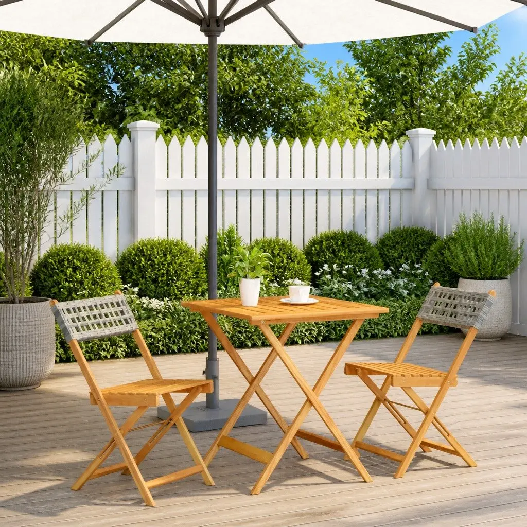 3 Piece Bistro Set Grey Foldable Outdoor Garden Furniture Acacia Wood PE Rattan