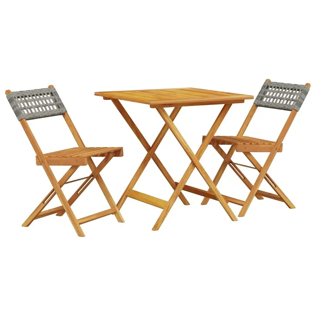 3 Piece Bistro Set Grey Foldable Outdoor Garden Furniture Acacia Wood PE Rattan