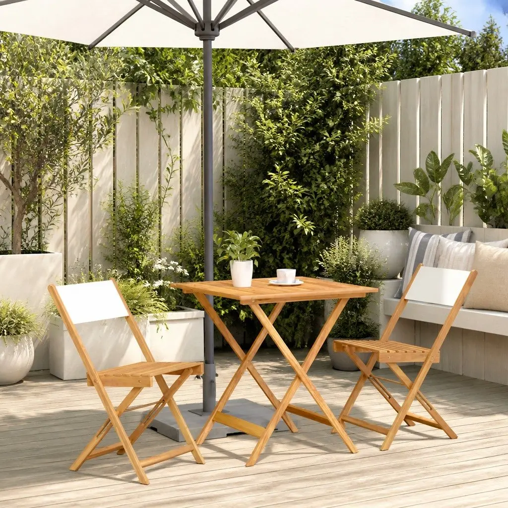 3 Piece Bistro Set Outdoor Garden Furniture White Solid Acacia Wood Foldable Chairs