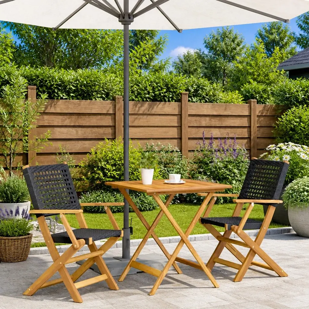 3 Piece Bistro Set Black Poly Rattan Solid Wood Outdoor Furniture