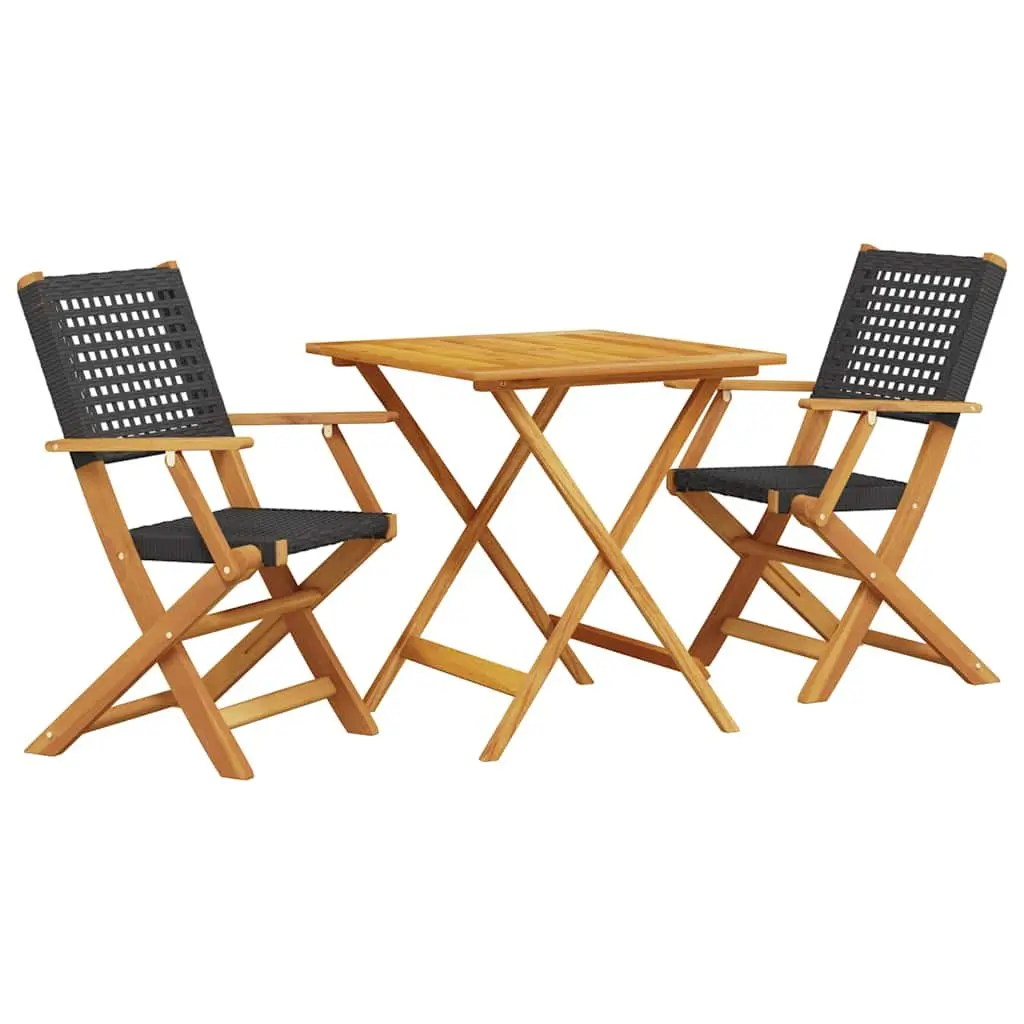 3 Piece Bistro Set Black Poly Rattan Solid Wood Outdoor Furniture