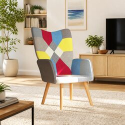 Relaxing Armchair Multicolour Patchwork Fabric Padded Foam Comfortable Lounge
