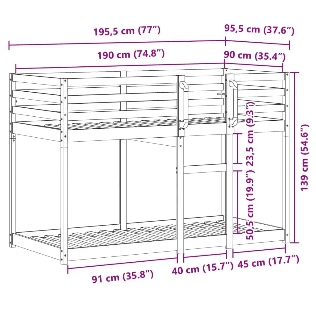 Bunk Bed Solid Pine Wood Frame Space-Saving 90x190 cm