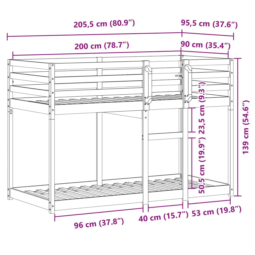 Bunk Bed Single Solid Wood Pine Frame Slatted Base Guardrails Space-Saving