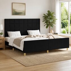 Queen Bed Frame 152x203 cm Black Fabric Headboard Slat Base Bedroom Furniture