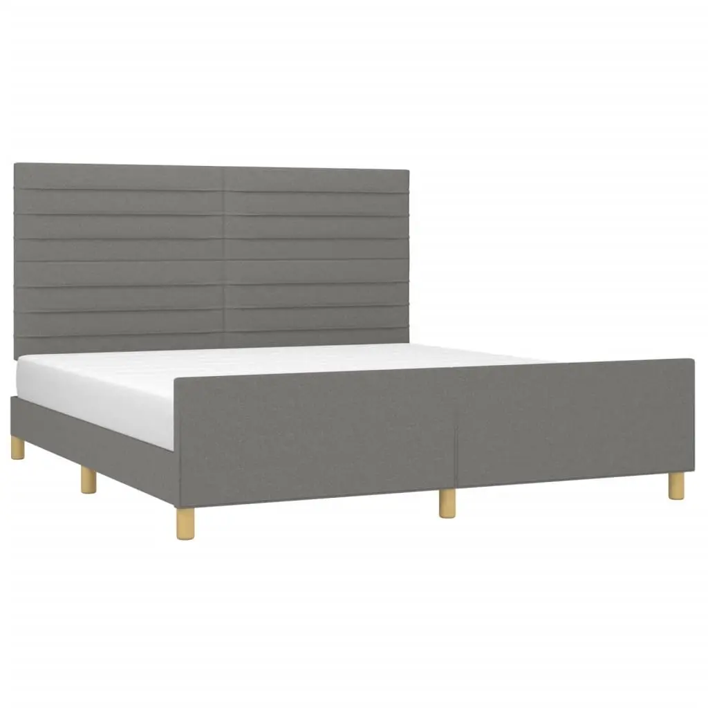 Queen Bed Frame Dark Grey Fabric Headboard Adjustable Height Plywood Slats