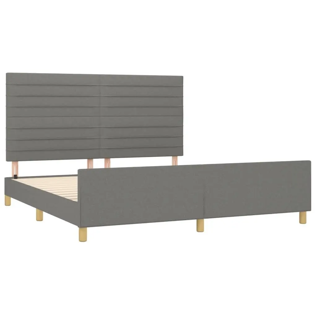 Queen Bed Frame Dark Grey Fabric Headboard Adjustable Height Plywood Slats